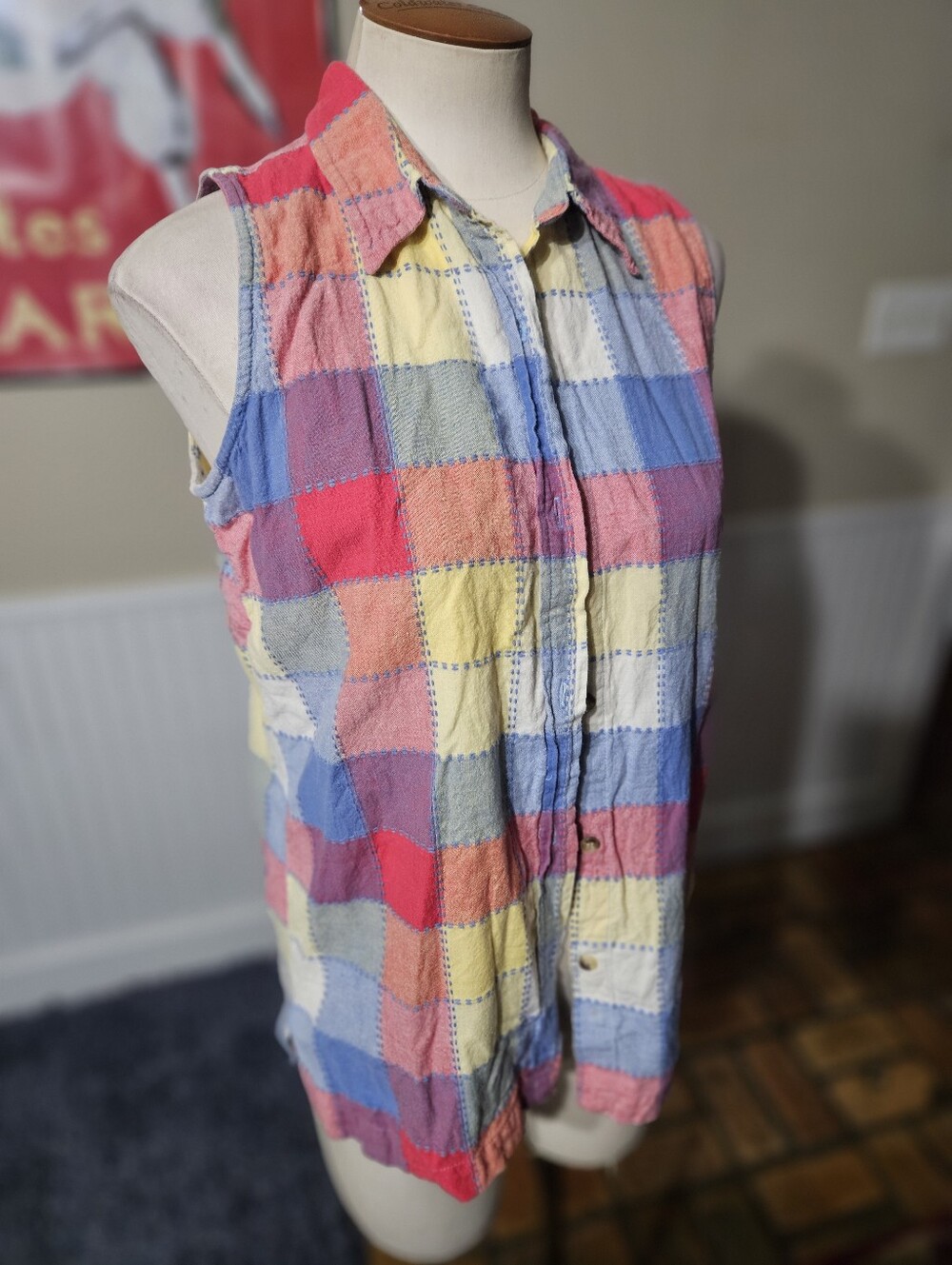 Kyoto Kasuals Plaid Sleeveless Cotton Top Medium